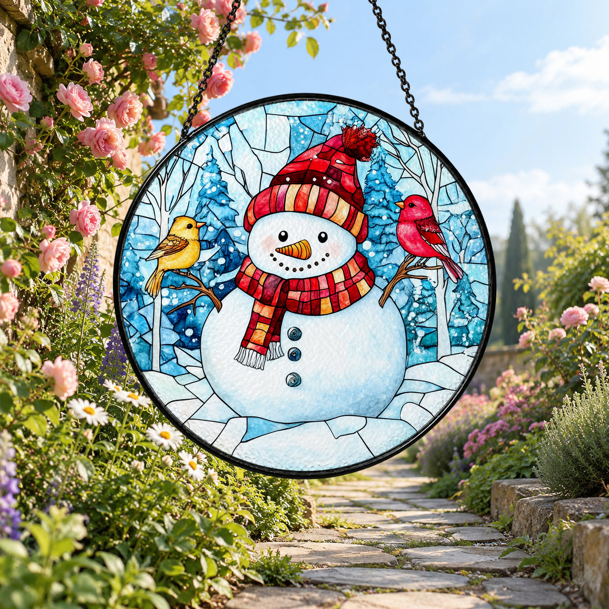 Smiling Snowman in Winter Scarf stained glass window suncatcher – third gallery view