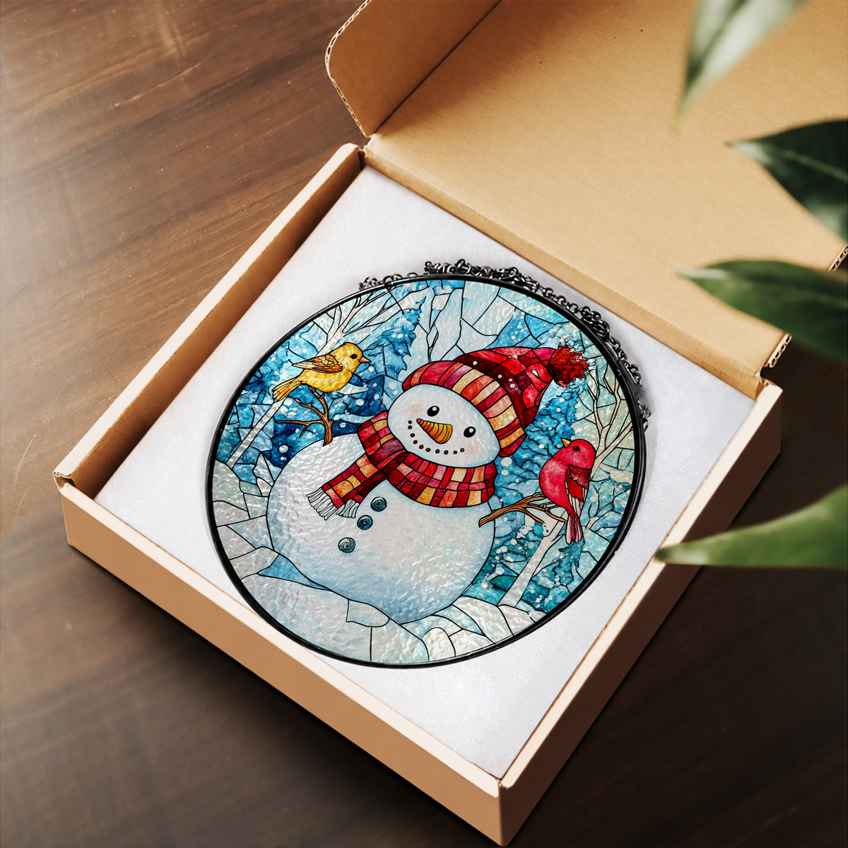 Smiling Snowman in Winter Scarf stained glass suncatcher – flat printed artwork design