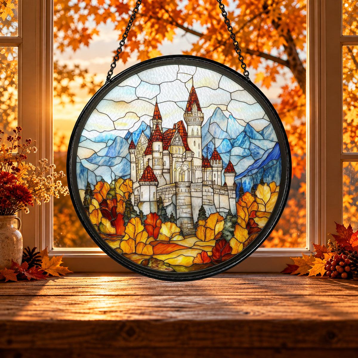 Snowy Fairytale Castle over Mountains stained glass window suncatcher – third gallery view