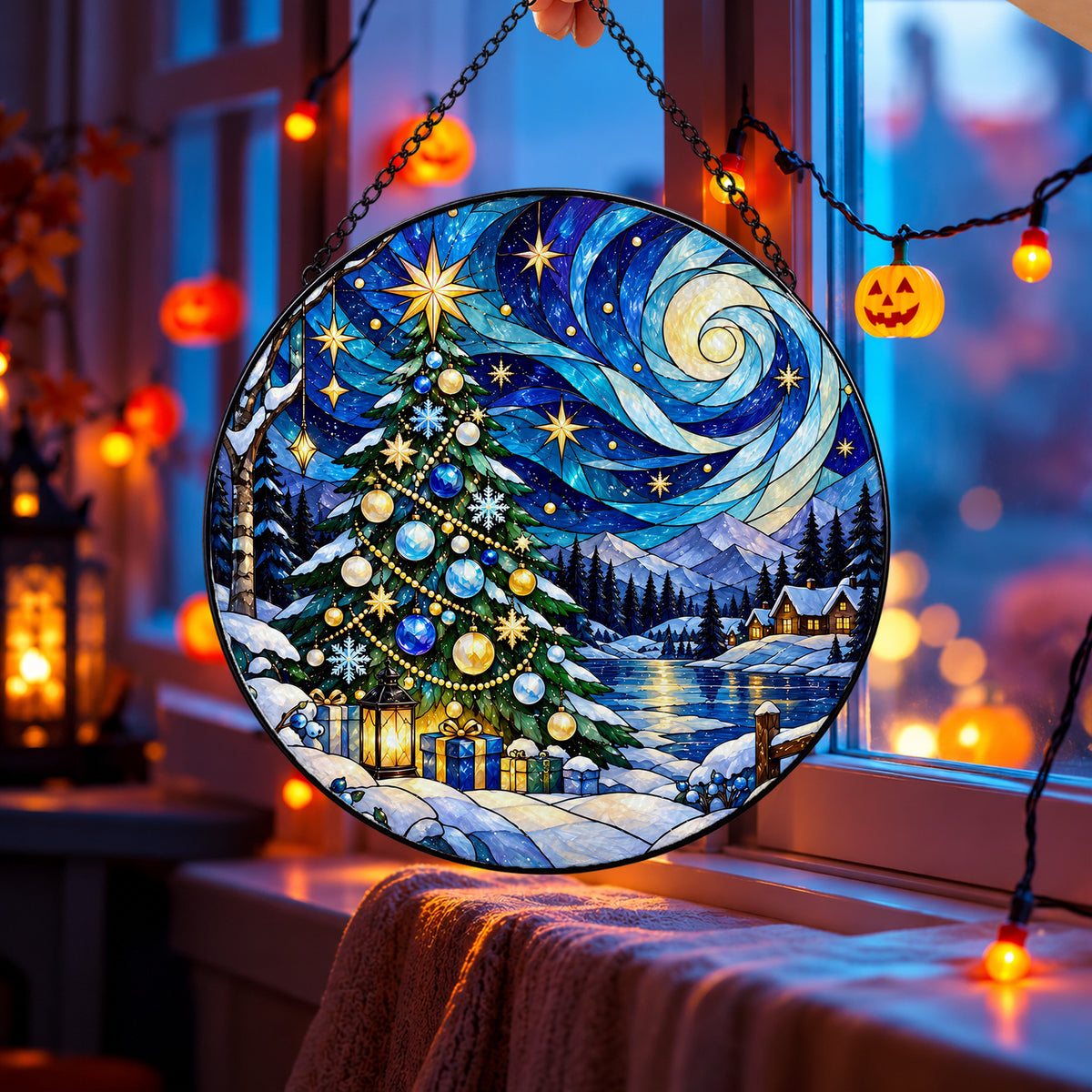 Starry Christmas Tree in Winter Forest stained glass suncatcher window hanging – front design view
