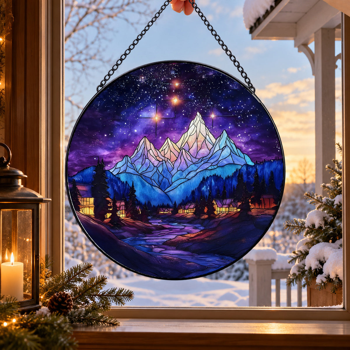 Starry Purple Mountain Night stained glass suncatcher window hanging – front design view