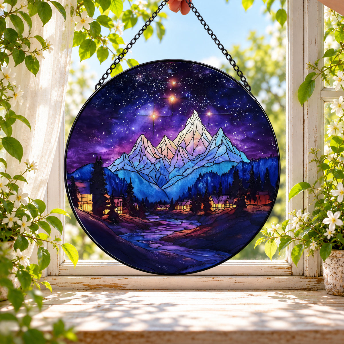 Starry Purple Mountain Night stained glass window suncatcher – third gallery view