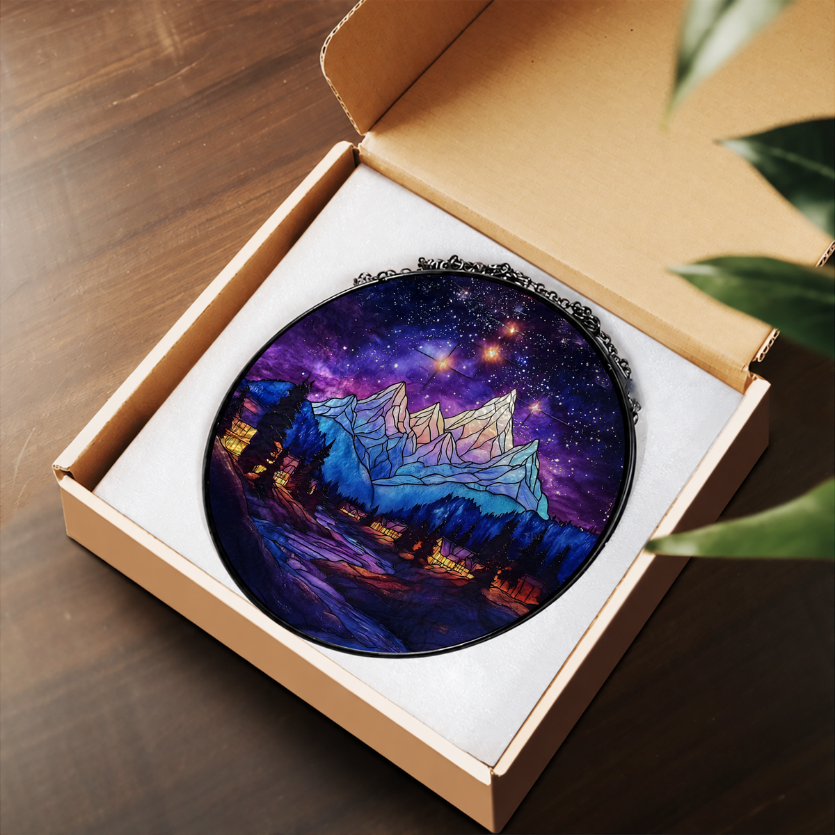 Starry Purple Mountain Night stained glass suncatcher – flat printed artwork design