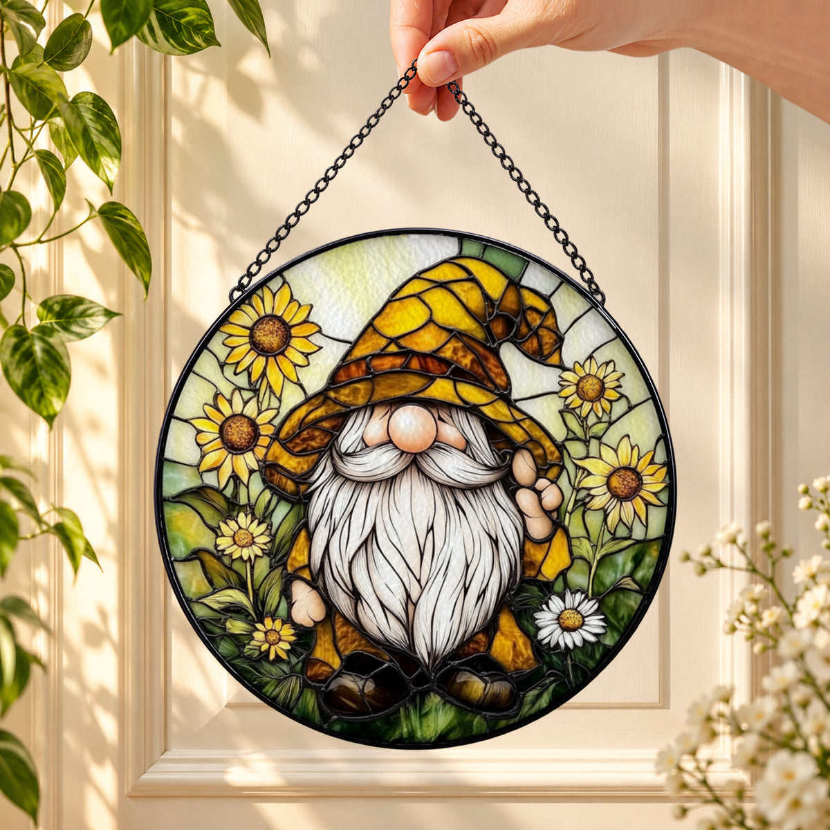 Sunflower Gnome in Autumn Garden round stained glass window hanging – second gallery view