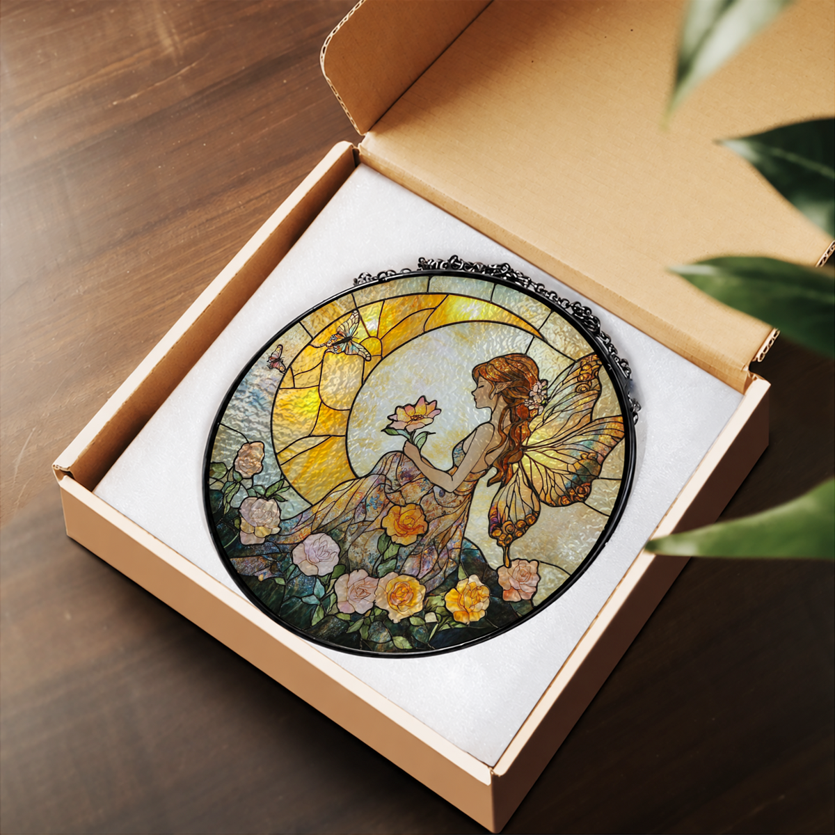 Sunlit Fairy with Garden Flowers stained glass suncatcher – flat printed artwork design
