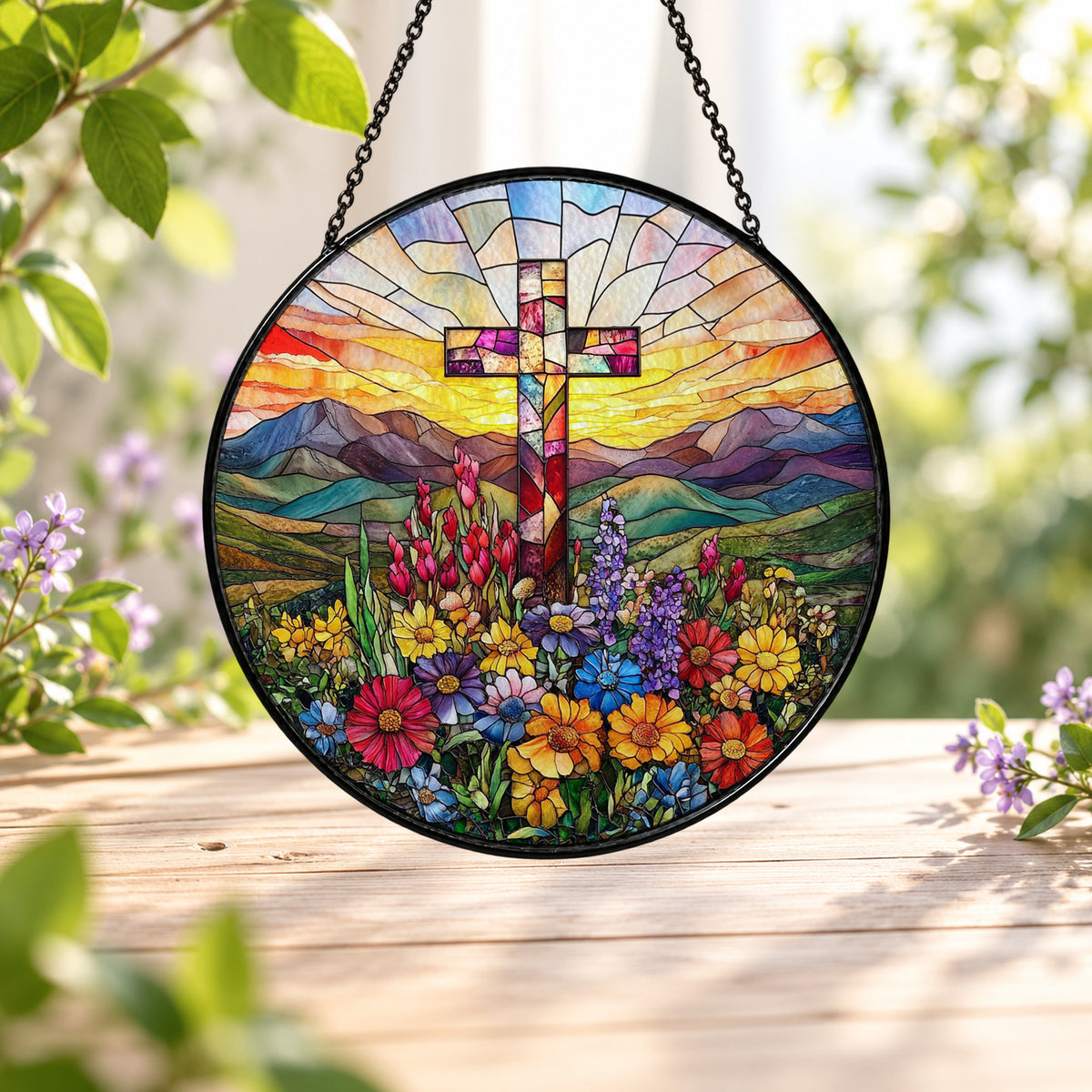 Sunrise Cross and Mountain Wildflowers stained glass window suncatcher – third gallery view