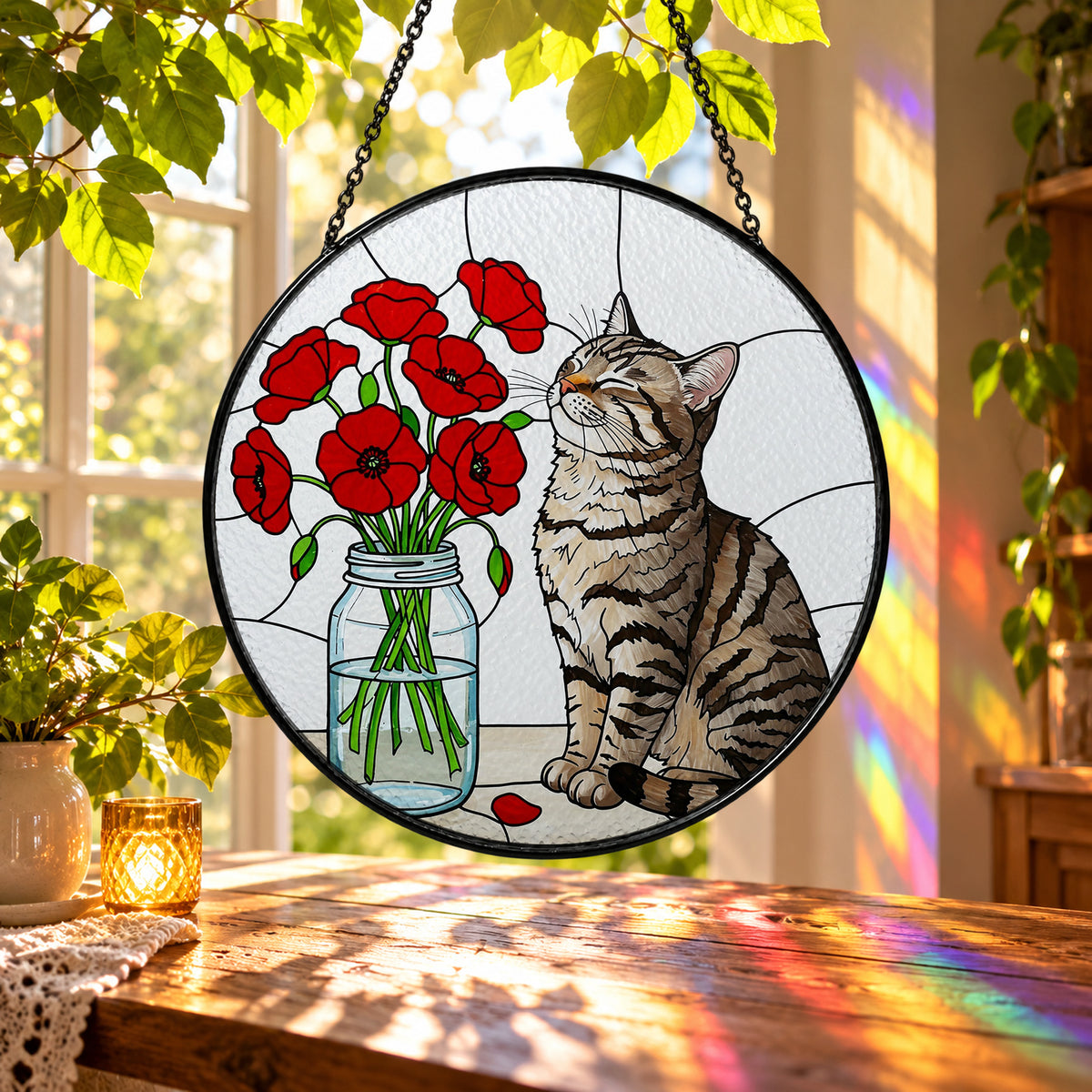 Tabby Cat by Red Poppy Flowers stained glass suncatcher window hanging – front design view