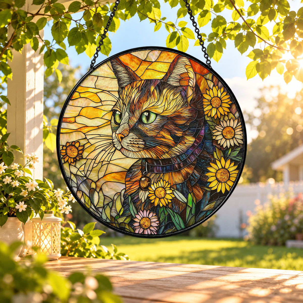 Tabby Cat Surrounded by Sunflowers stained glass window suncatcher – third gallery view
