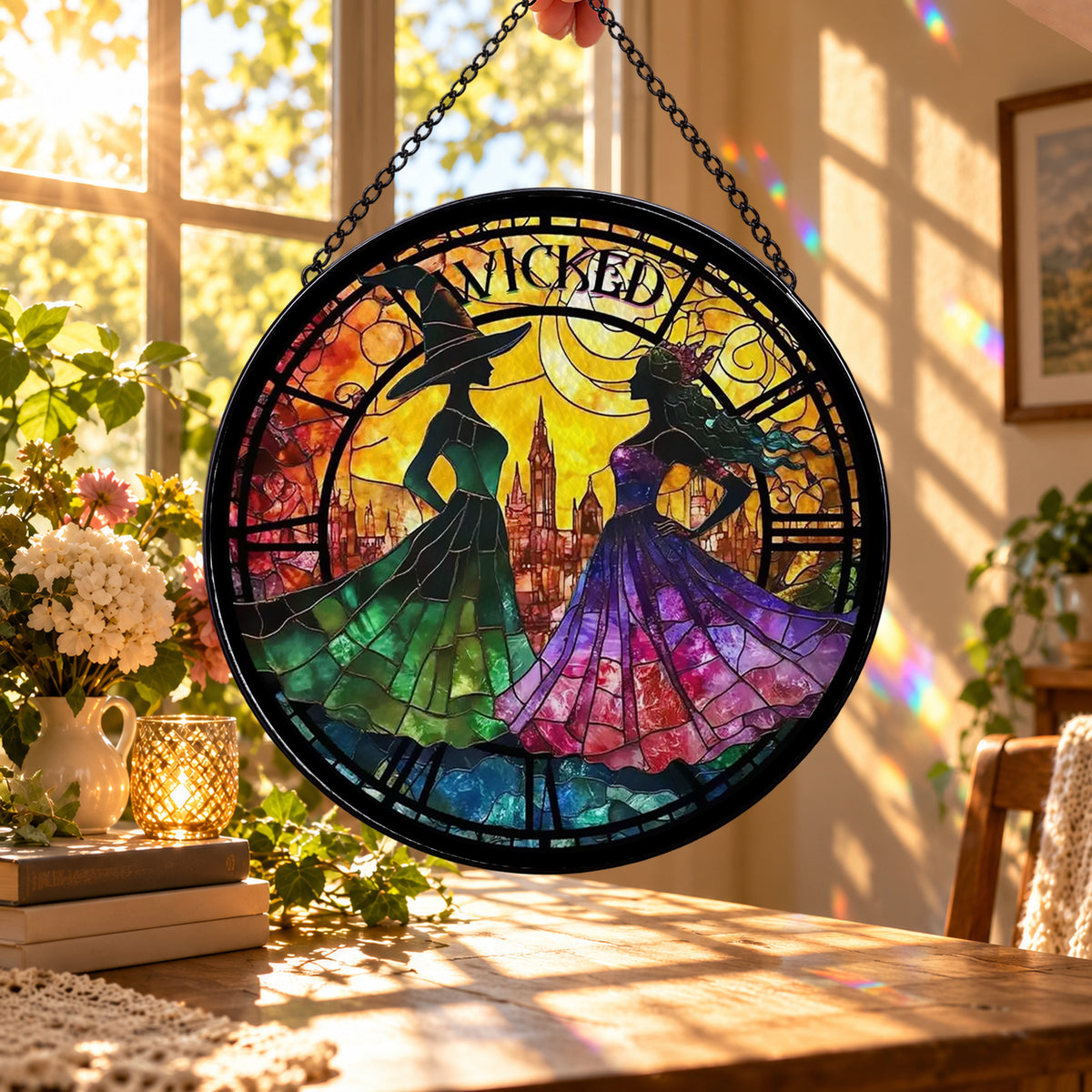 Three Witches in Moonlit Circle stained glass suncatcher window hanging – front design view