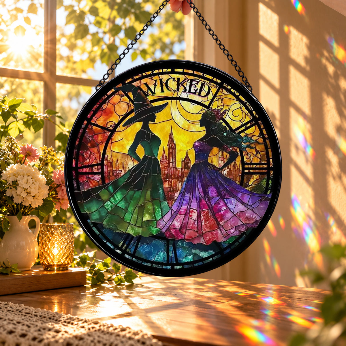 Three Witches in Moonlit Circle stained glass window suncatcher – third gallery view