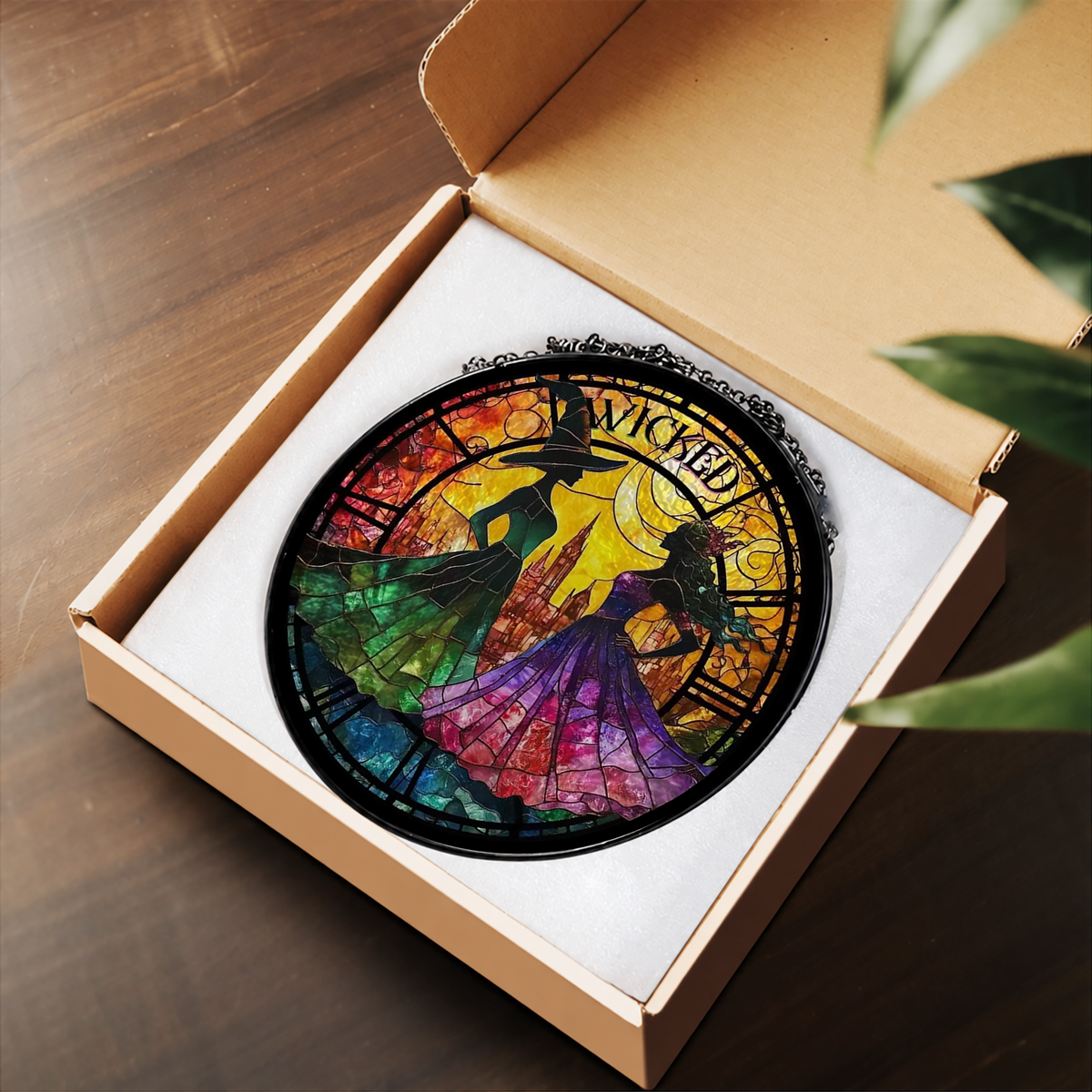 Three Witches in Moonlit Circle stained glass suncatcher – flat printed artwork design