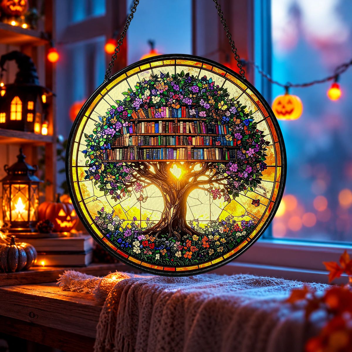 Tree Shaped Bookshelf of Magical Books stained glass window suncatcher – third gallery view