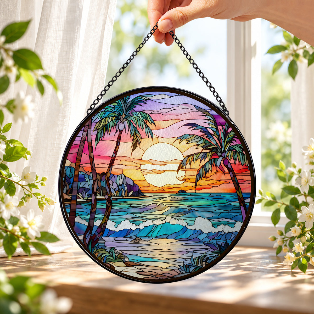 Tropical Palm Trees over Sunset Beach round stained glass window hanging – second gallery view