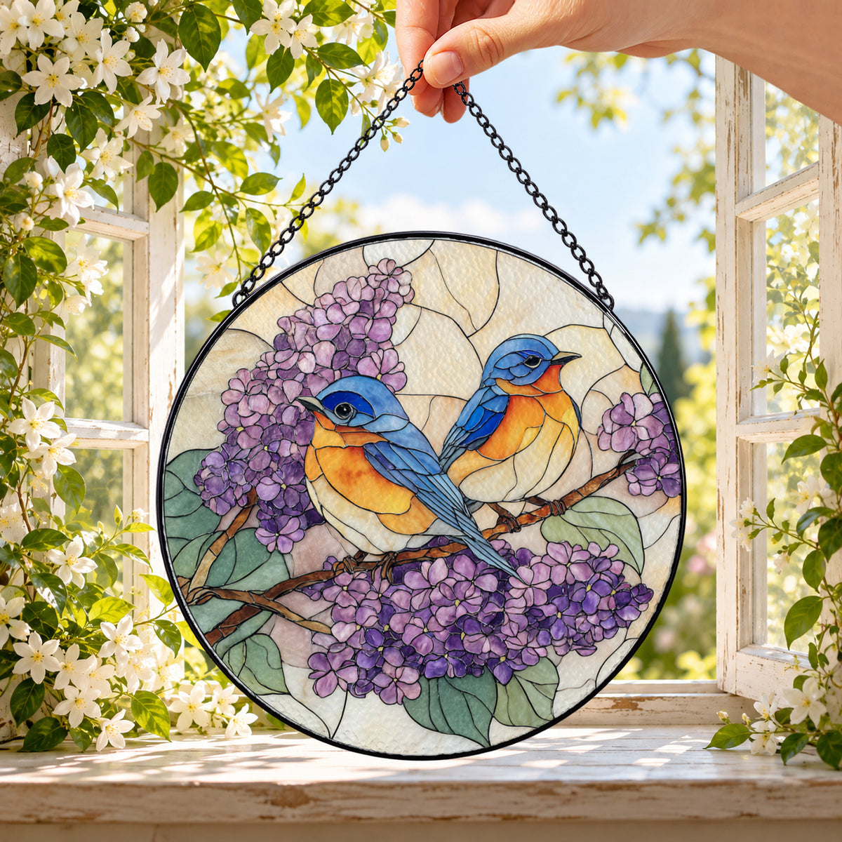 Two Bluebirds among Lilac Flowers round stained glass window hanging – second gallery view