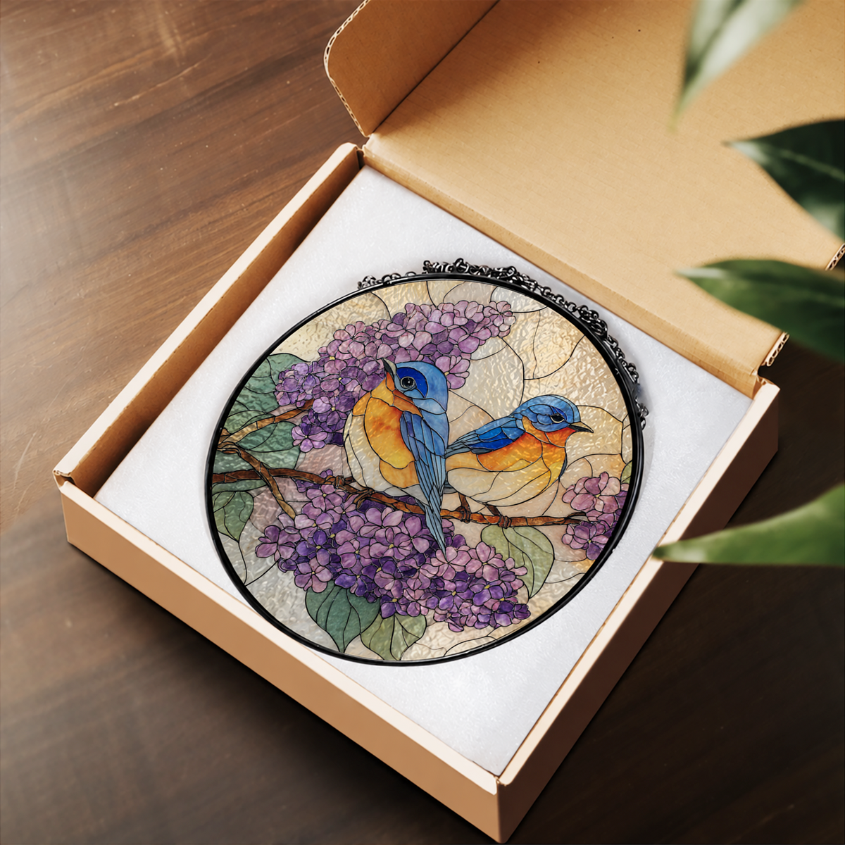 Two Bluebirds among Lilac Flowers stained glass suncatcher – flat printed artwork design