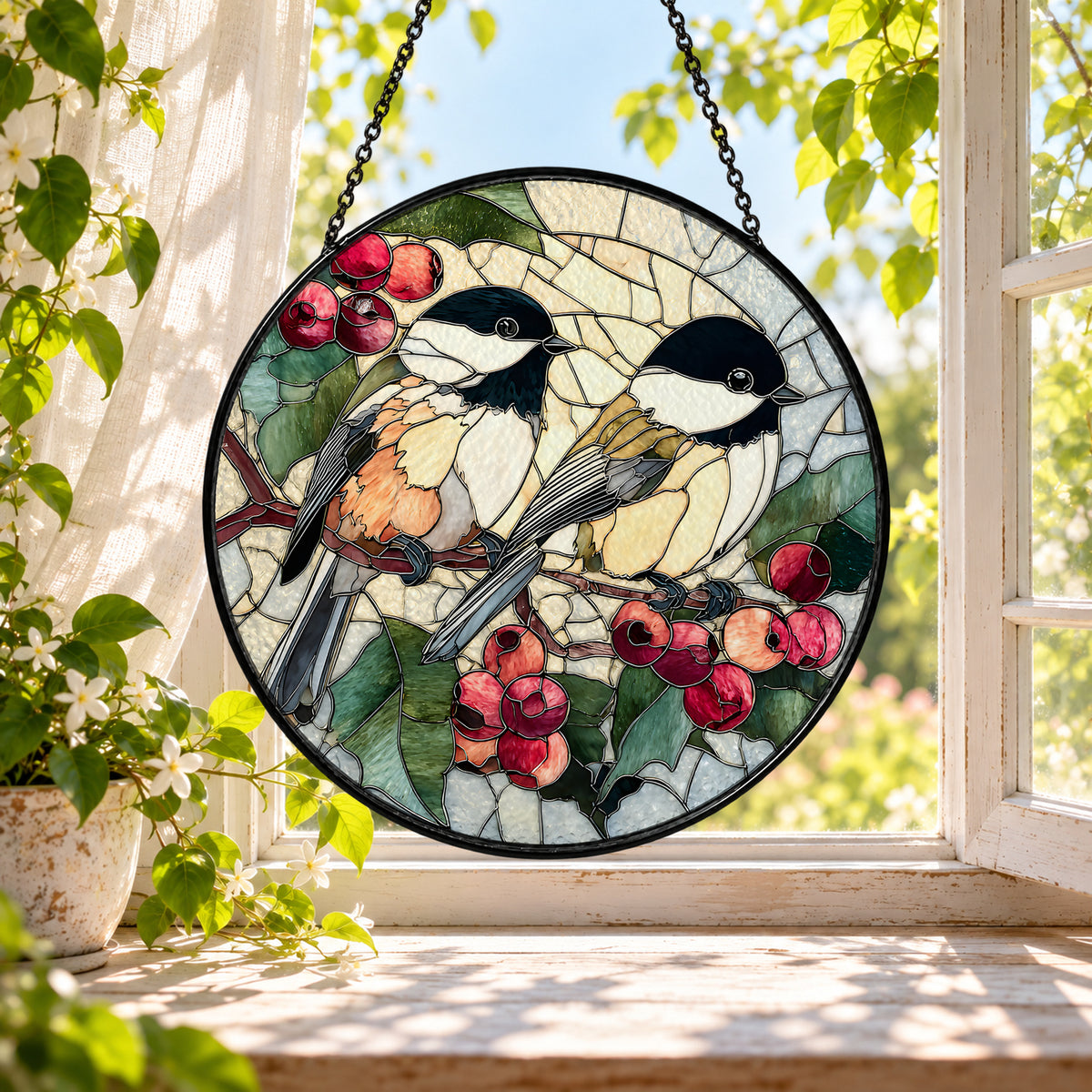 Two Chickadees on Blossom Branch stained glass window suncatcher – third gallery view