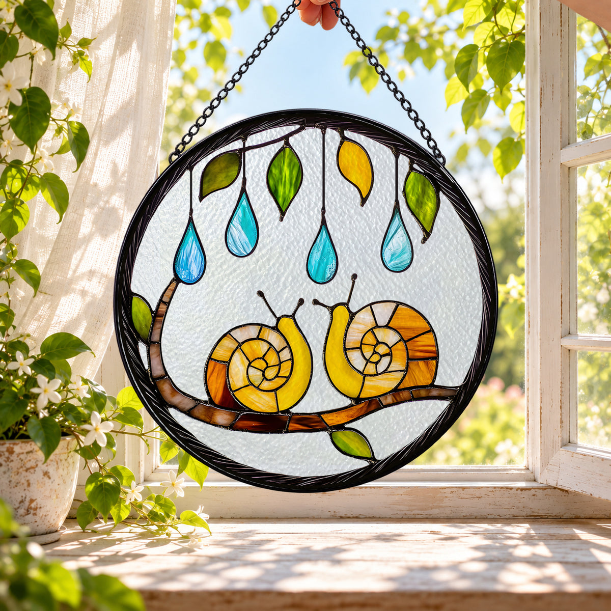 Two Garden Snails and Raindrops round stained glass window hanging – second gallery view