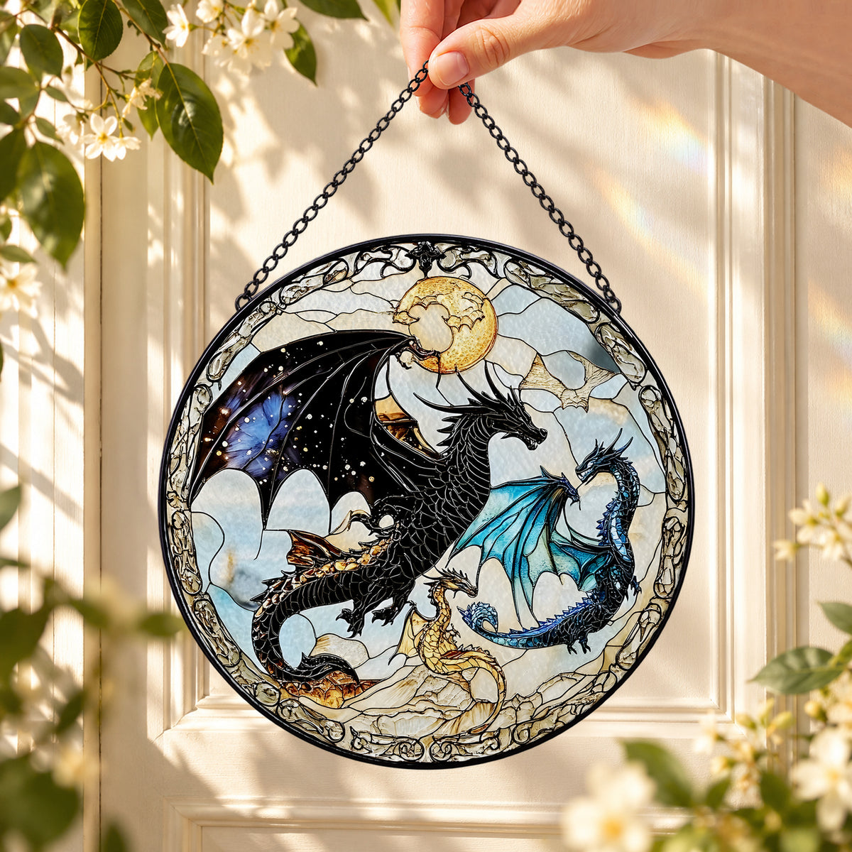 Two Mythical Dragons in Moonlight round stained glass window hanging – second gallery view