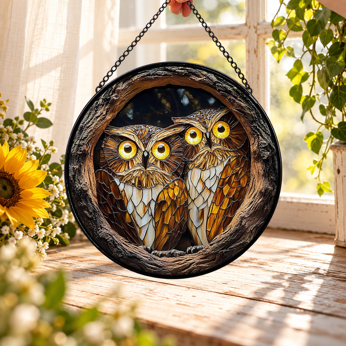 Two Owls in Hollow Tree round stained glass window hanging – second gallery view