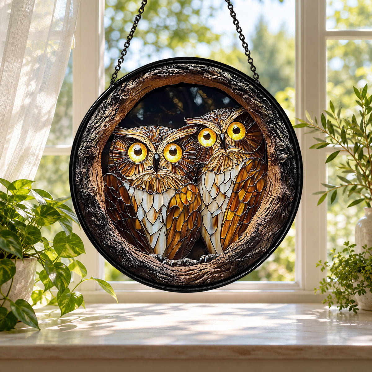 Two Owls in Hollow Tree stained glass window suncatcher – third gallery view