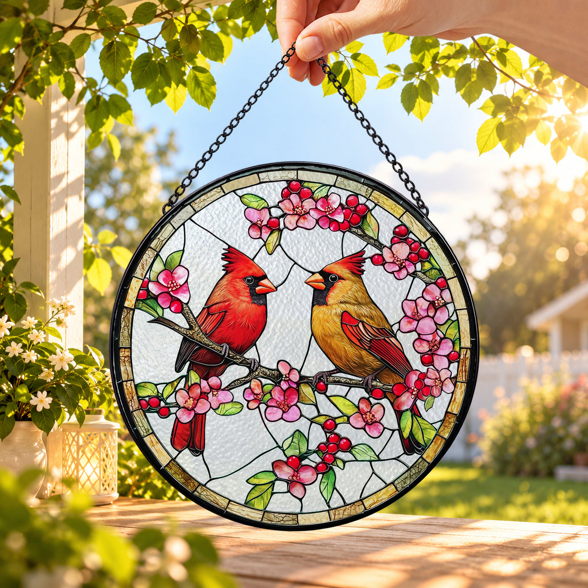 Two Red Cardinals on Pink Blossoms round stained glass window hanging – second gallery view
