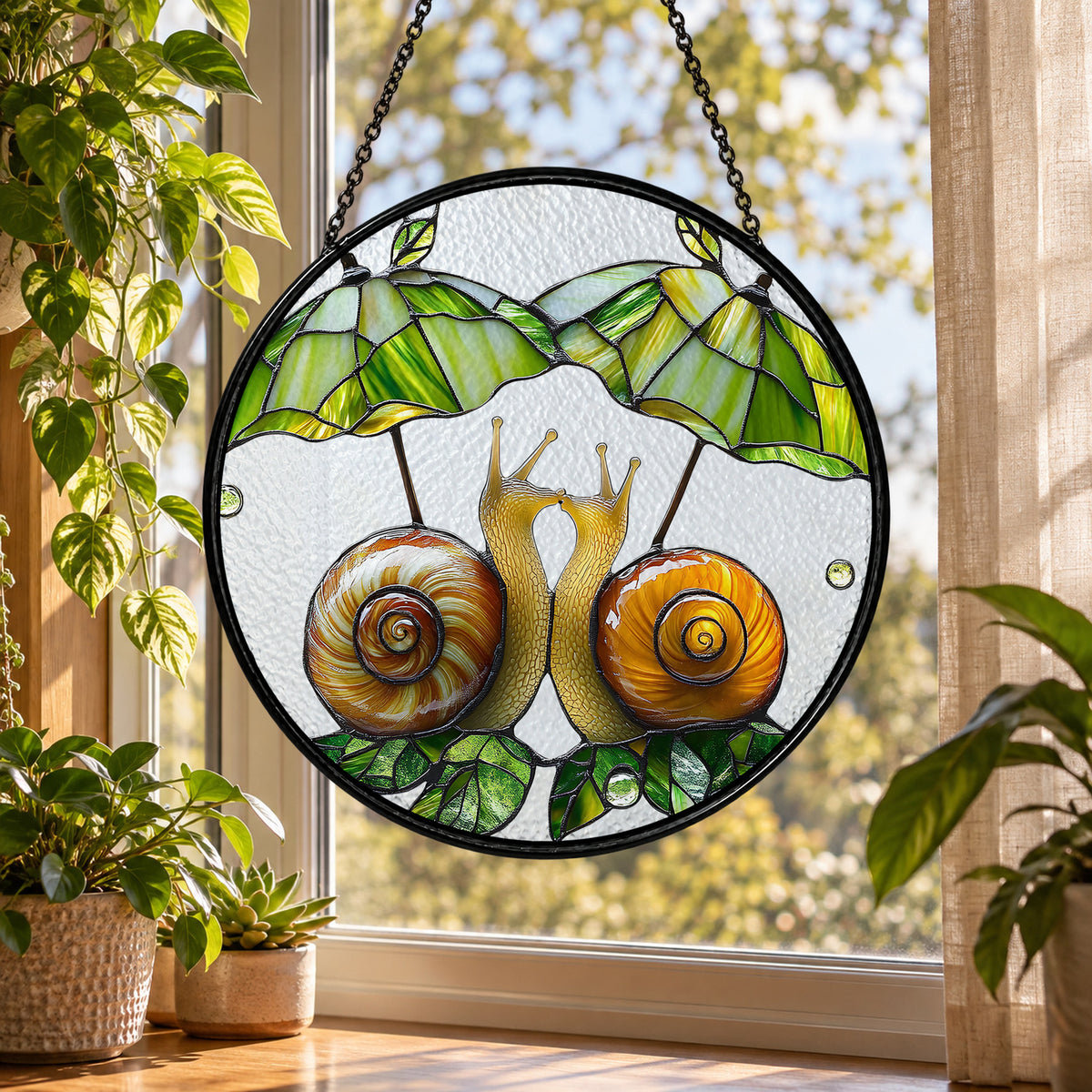 Two Snails on Green Branch stained glass suncatcher window hanging – front design view