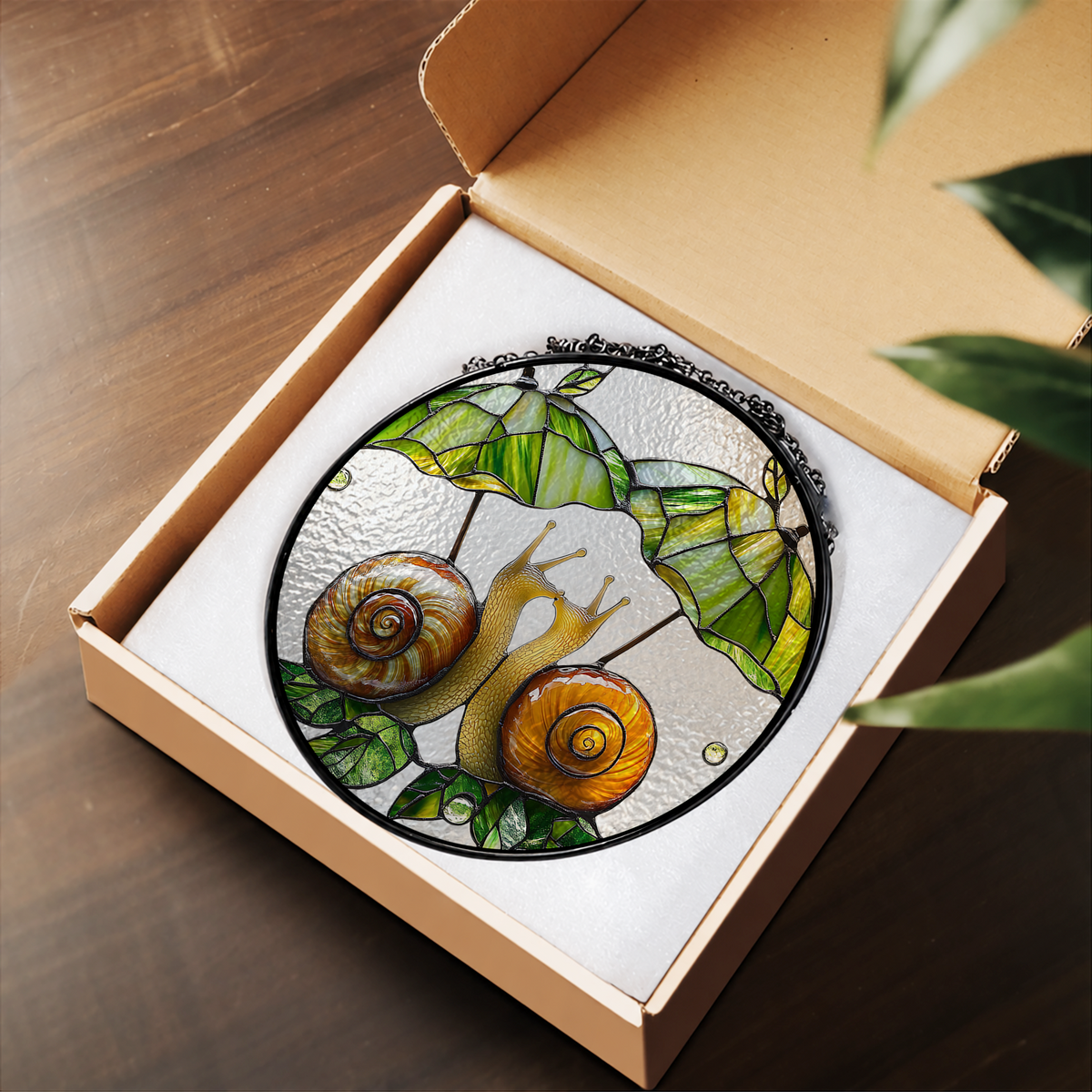 Two Snails on Green Branch stained glass suncatcher – flat printed artwork design