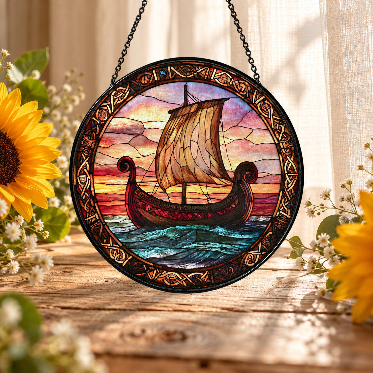 Viking Longship across Sunset Sea stained glass suncatcher window hanging – front design view