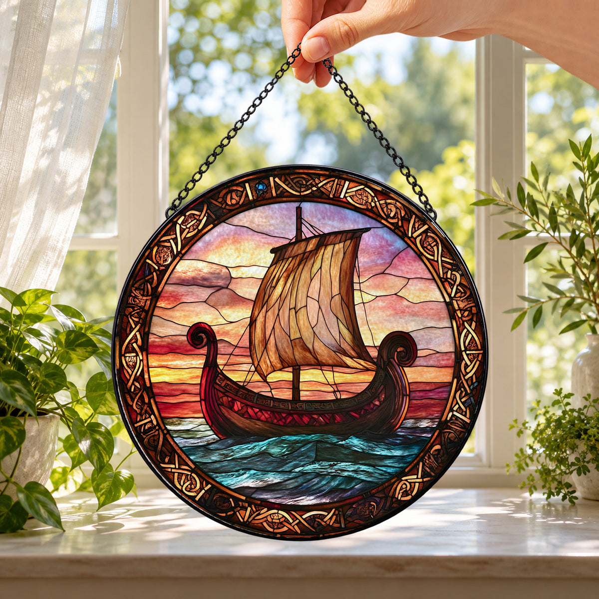 Viking Longship across Sunset Sea round stained glass window hanging – second gallery view
