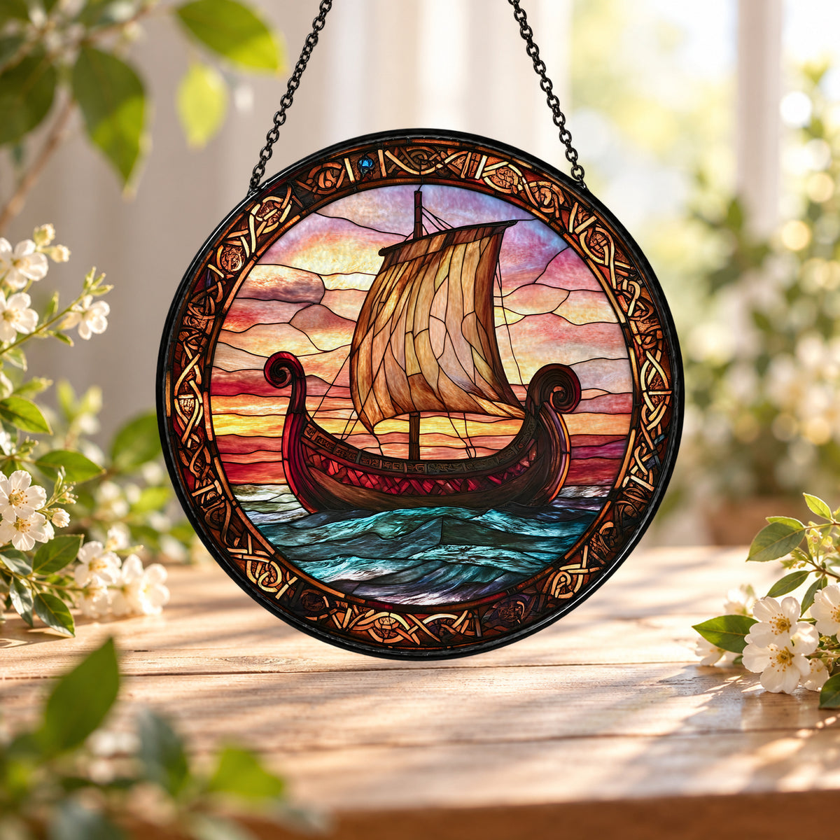 Viking Longship across Sunset Sea stained glass window suncatcher – third gallery view