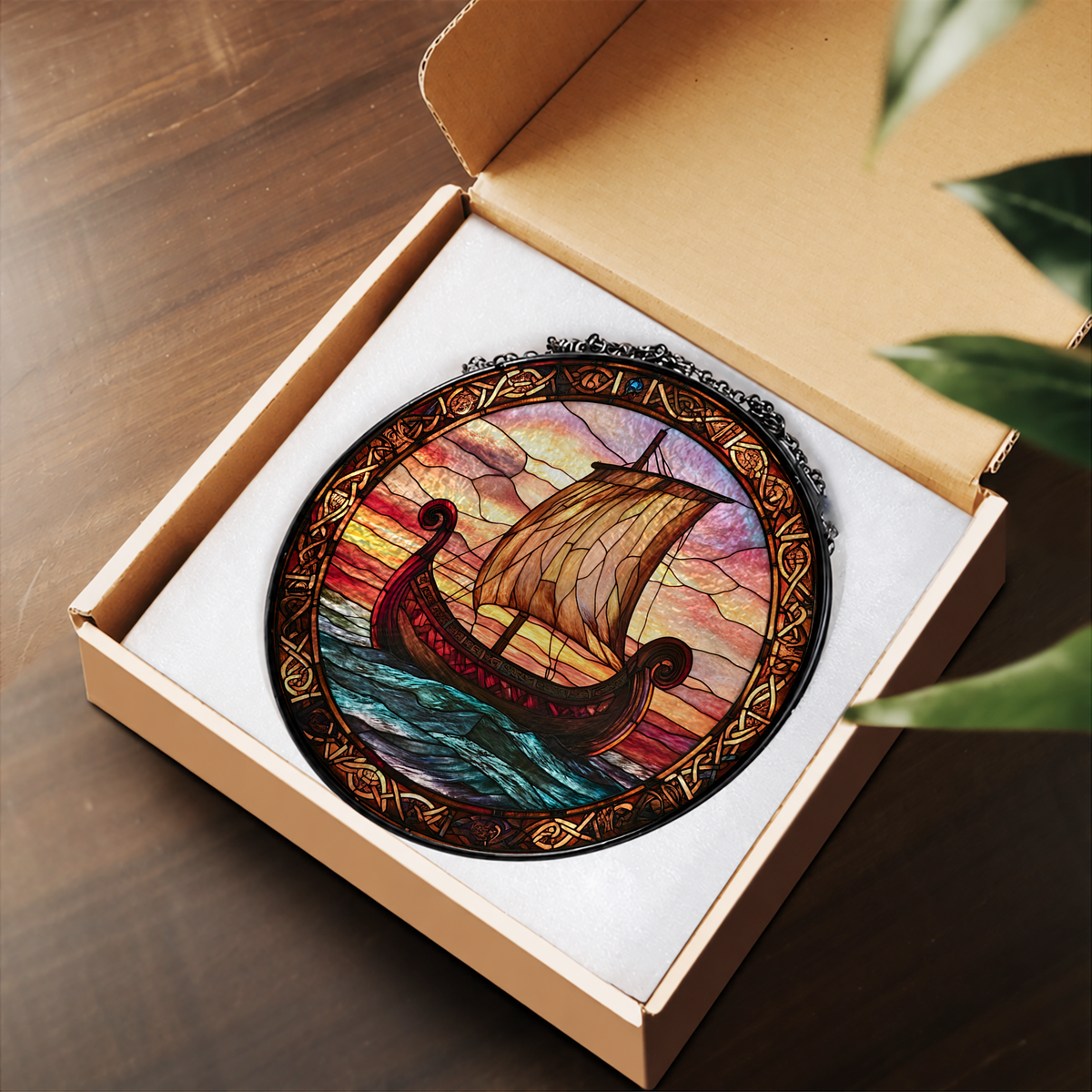 Viking Longship across Sunset Sea stained glass suncatcher – flat printed artwork design