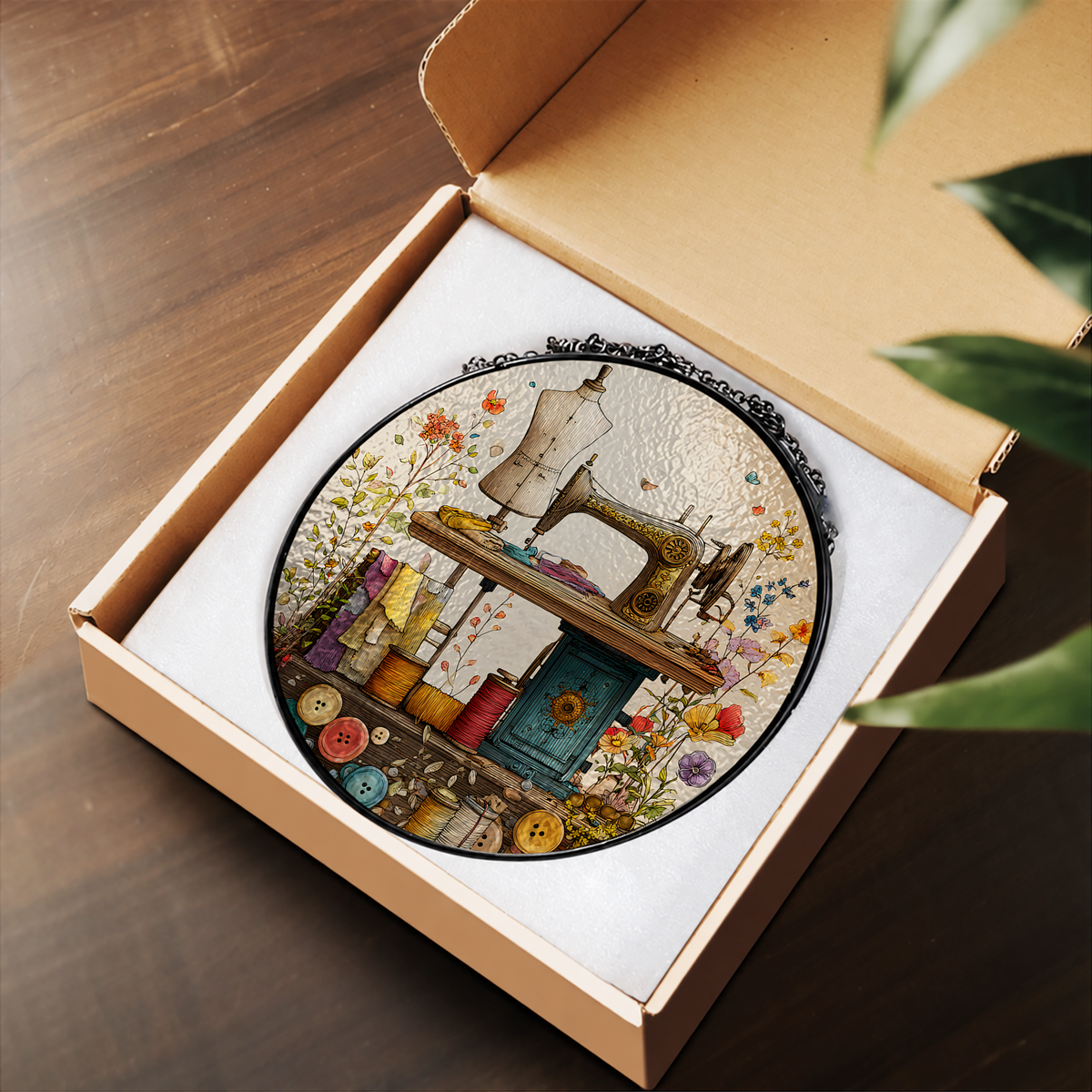 Vintage Sewing Machine with Flowers stained glass suncatcher – flat printed artwork design