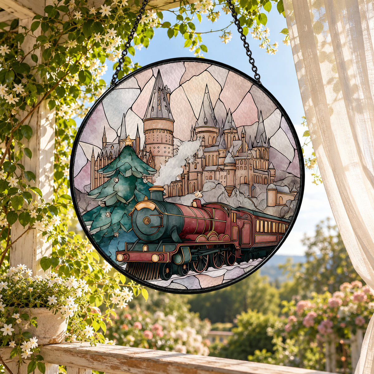 Vintage Train below Fairytale Castle stained glass suncatcher window hanging – front design view