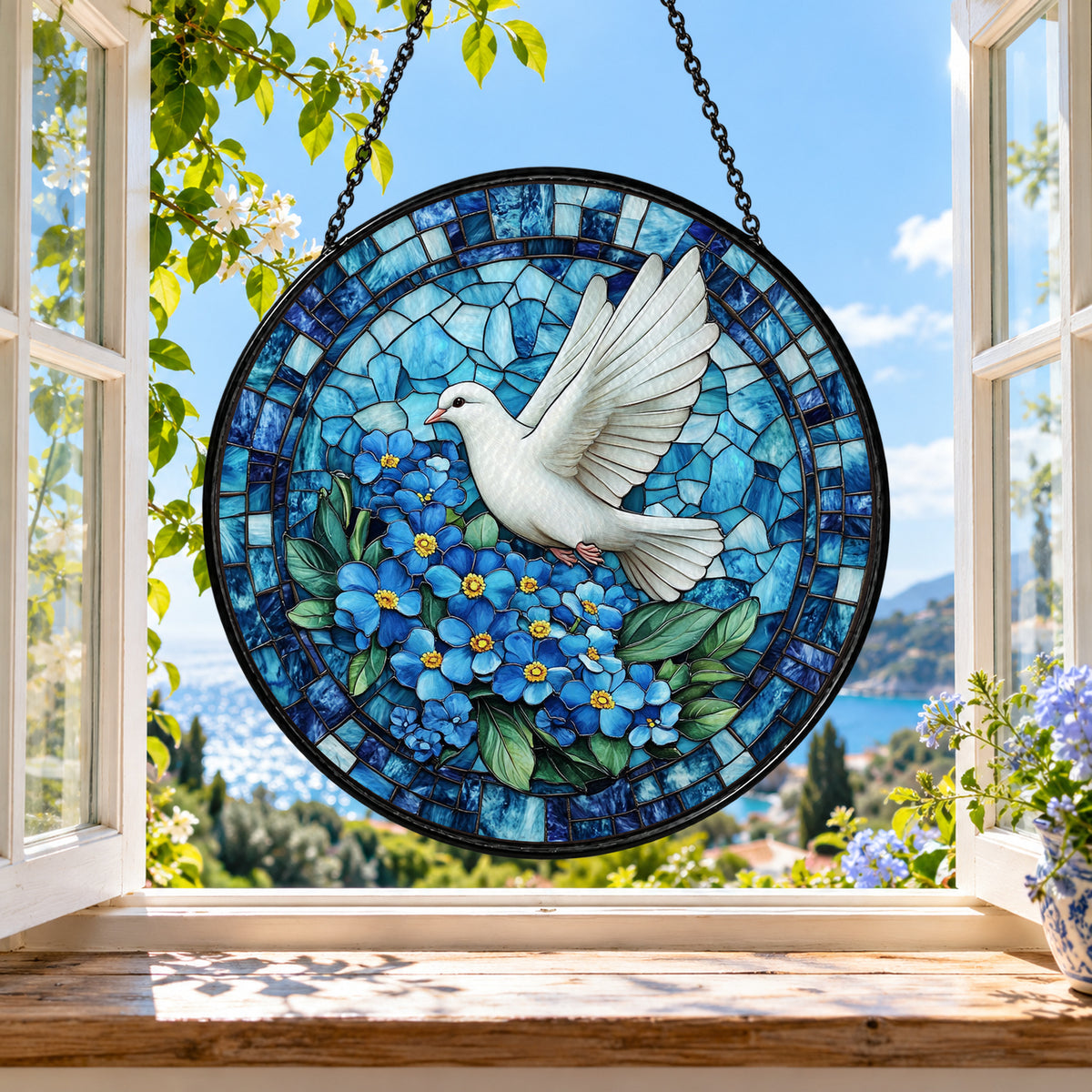 White Dove amid Blue Flowers stained glass suncatcher window hanging – front design view