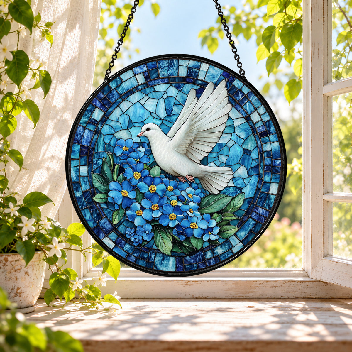 White Dove amid Blue Flowers stained glass window suncatcher – third gallery view