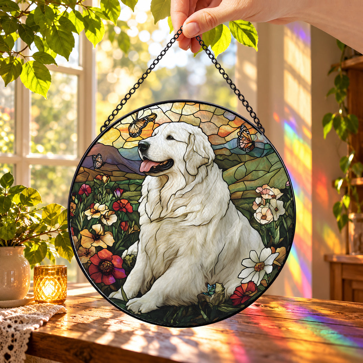 White Great Pyrenees Dog with Flowers round stained glass window hanging – second gallery view