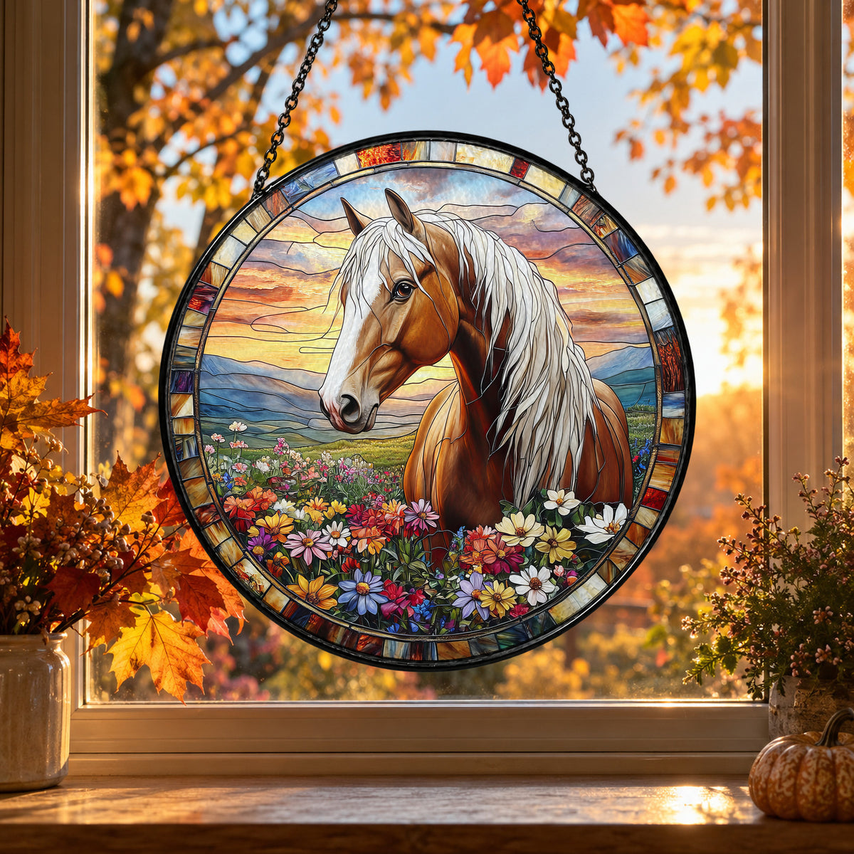 White Horse in Summer Wildflower Field stained glass suncatcher window hanging – front design view