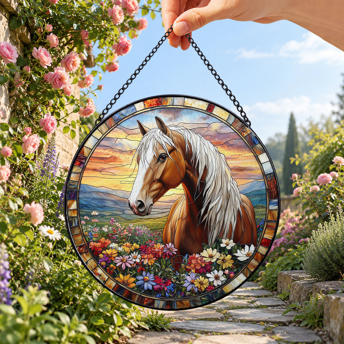 White Horse in Summer Wildflower Field round stained glass window hanging – second gallery view