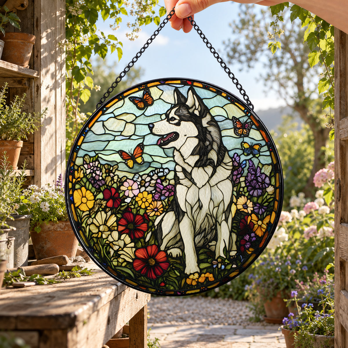 White Horse with Red Wildflowers round stained glass window hanging – second gallery view
