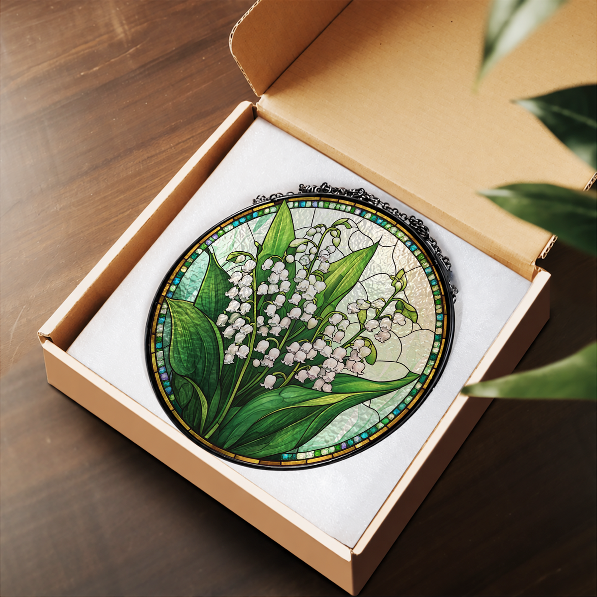 White Lily of the Valley Bouquet stained glass suncatcher – flat printed artwork design
