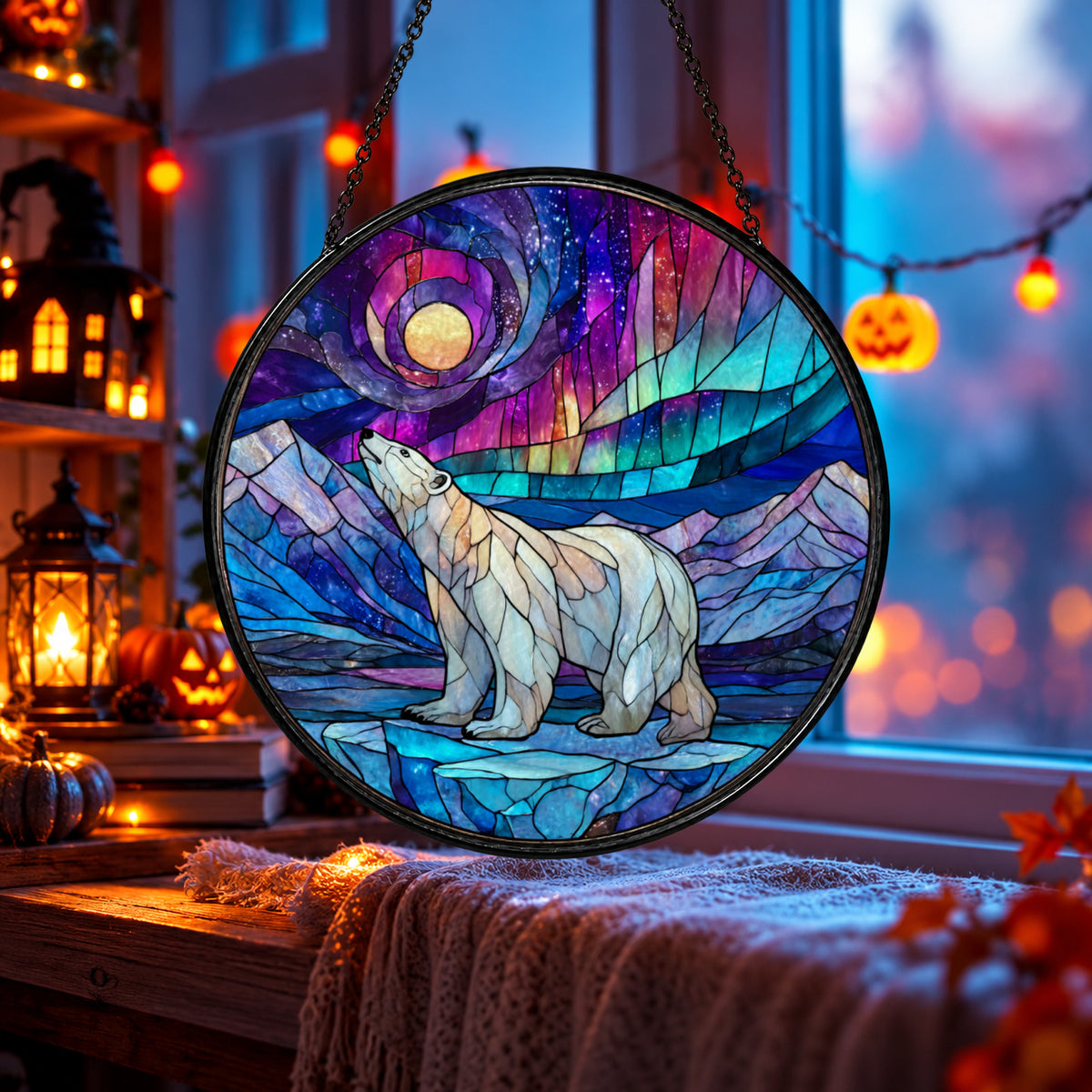White Polar Bear under Aurora Sky stained glass window suncatcher – third gallery view