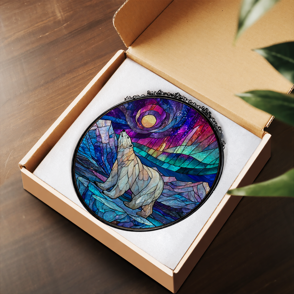 White Polar Bear under Aurora Sky stained glass suncatcher – flat printed artwork design