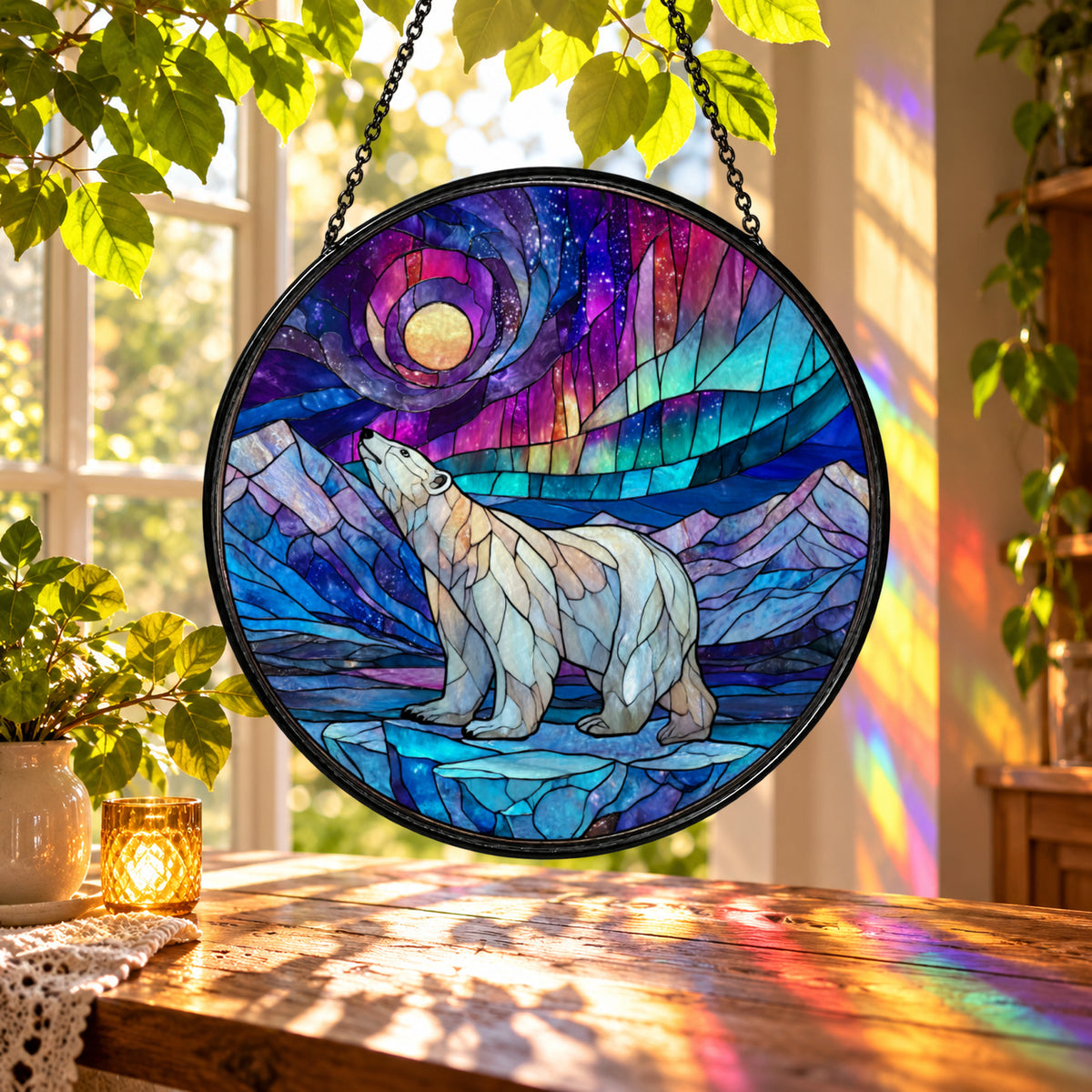 White Polar Bear under Northern Lights stained glass suncatcher window hanging – front design view