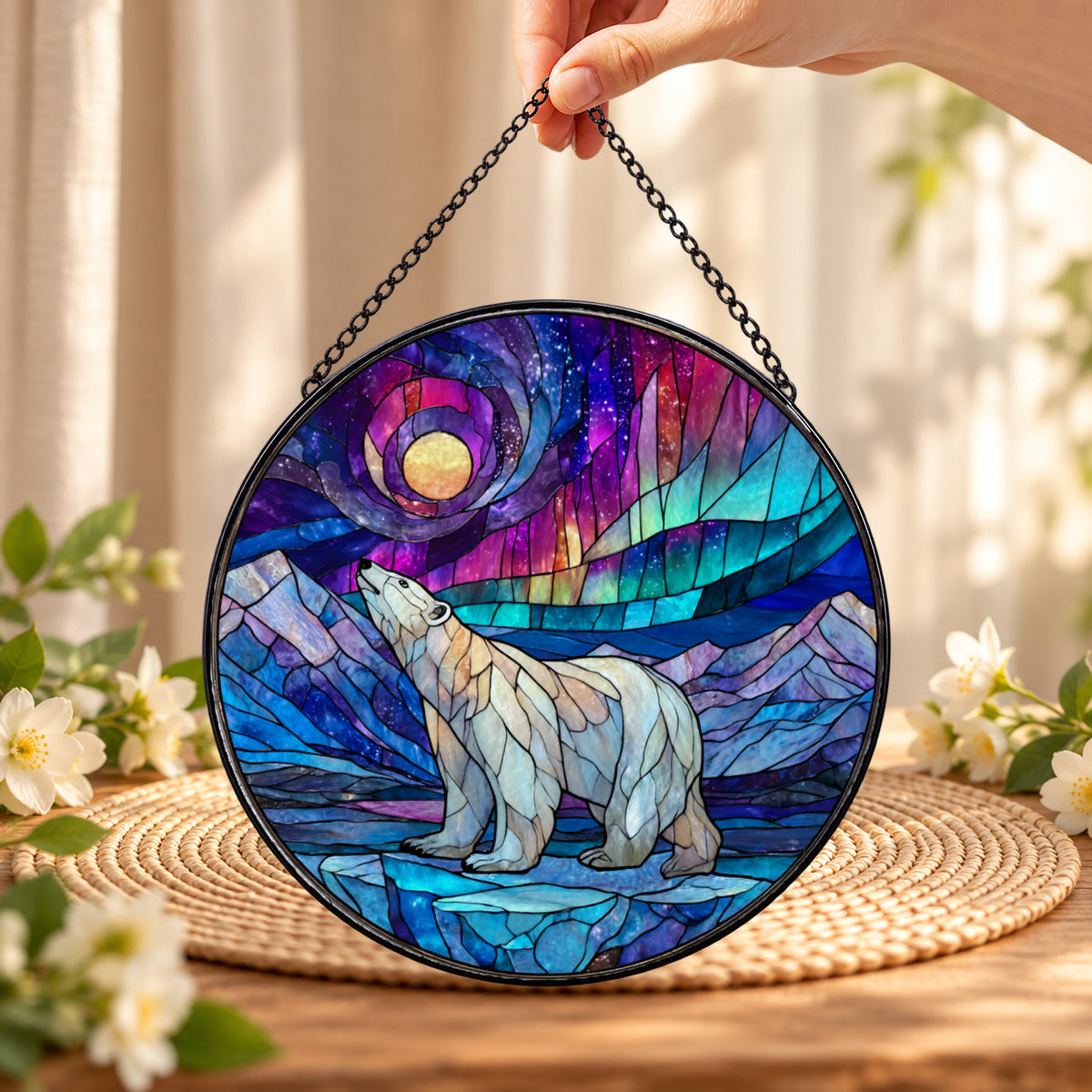 White Polar Bear under Northern Lights round stained glass window hanging – second gallery view