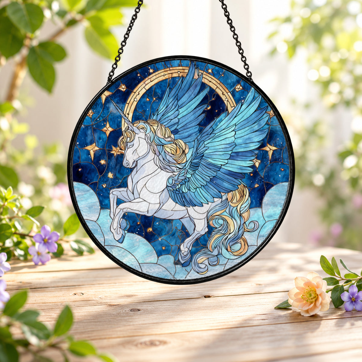White Winged Pegasus beneath Stars stained glass suncatcher window hanging – front design view