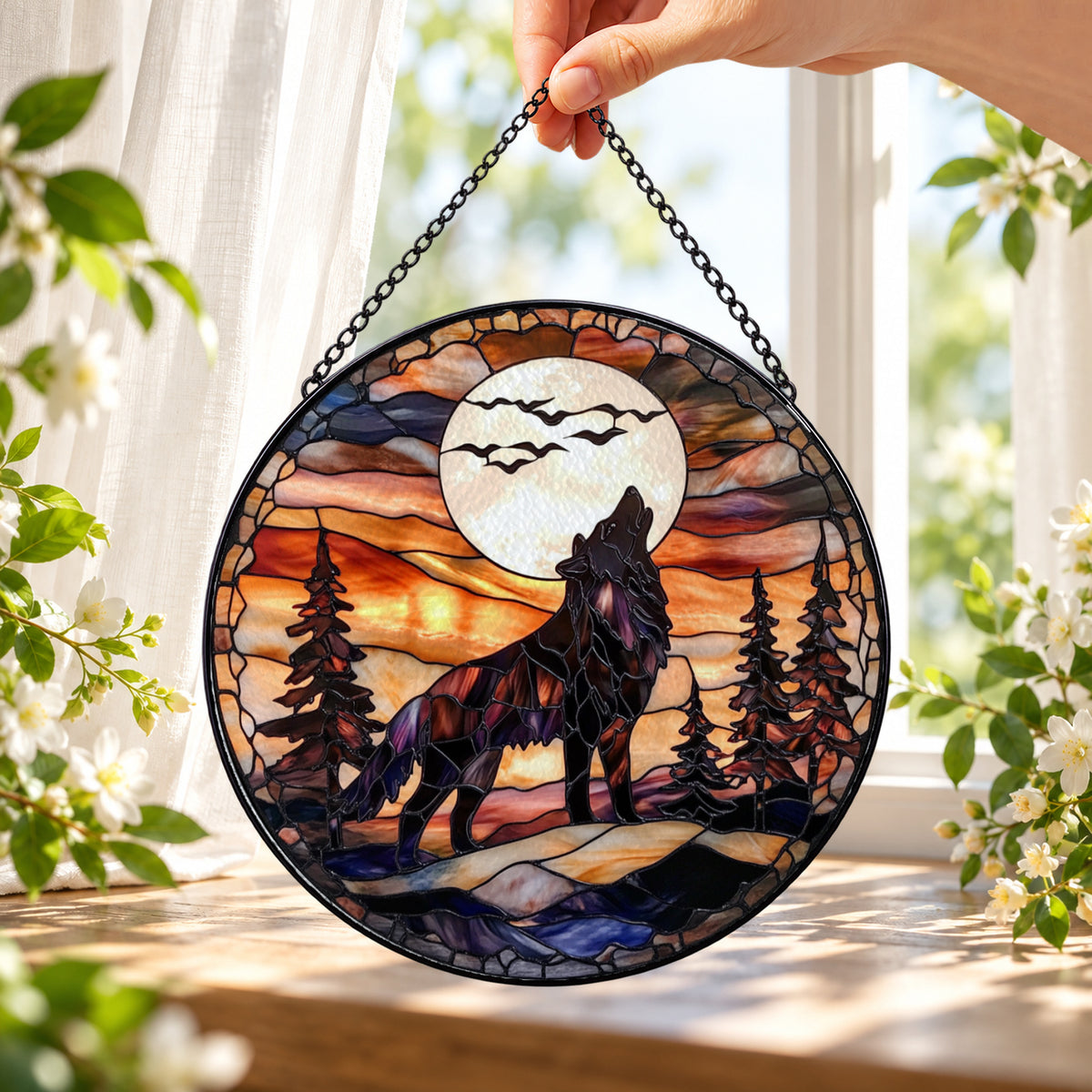 Wolf Howling at Full Moon round stained glass window hanging – second gallery view