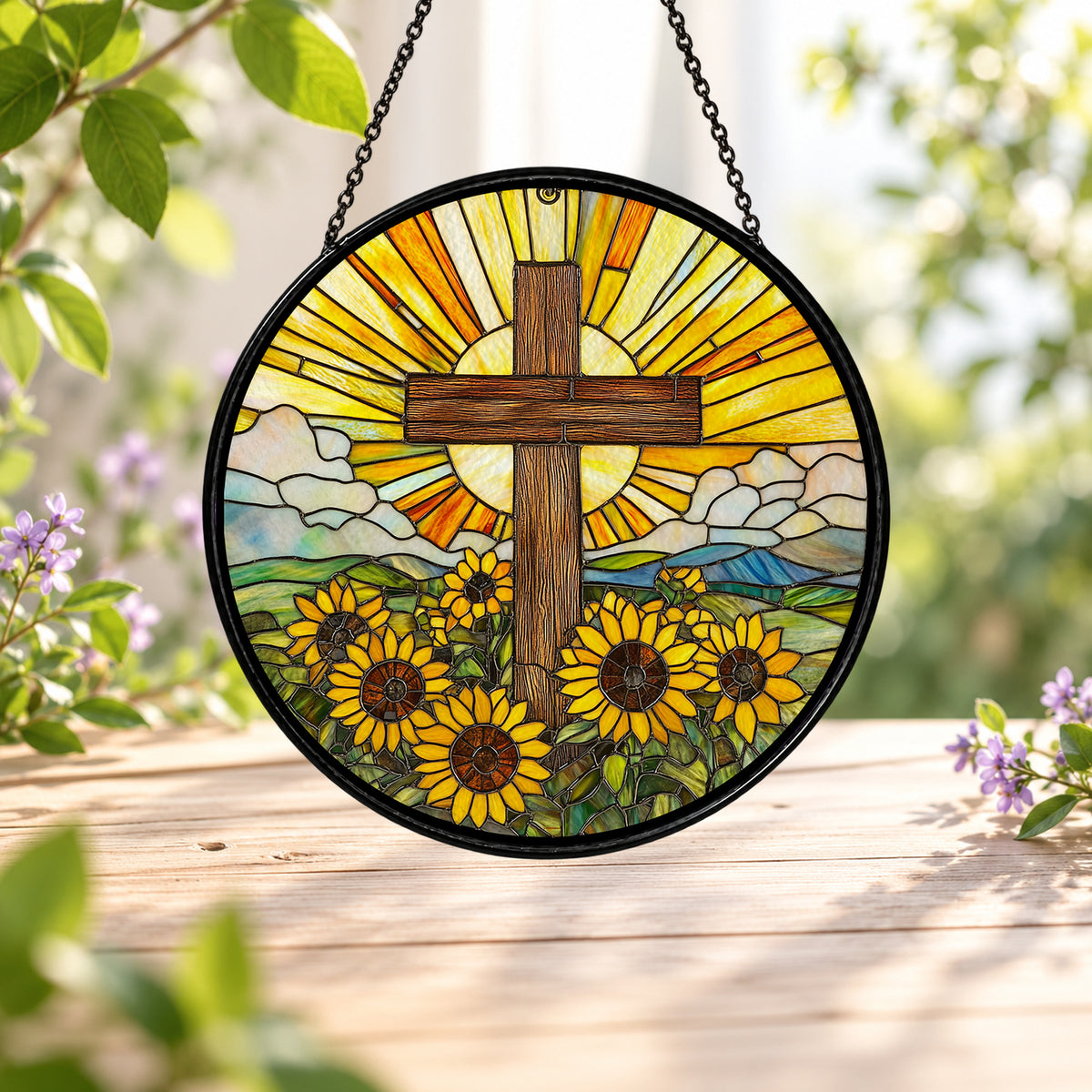 Wooden Cross and Sunflowers stained glass window suncatcher – third gallery view