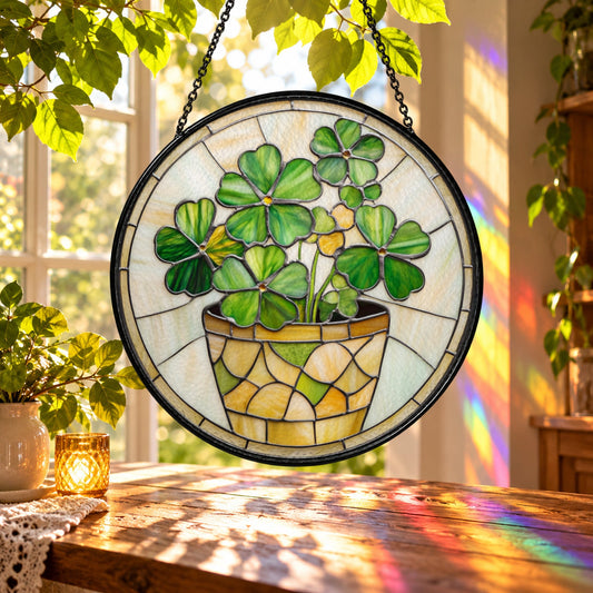 Potted Four Leaf Clover in Basket Stained Glass Suncatcher Window Hanging – Green Shamrock Botanical Window Decor, Lucky Gift