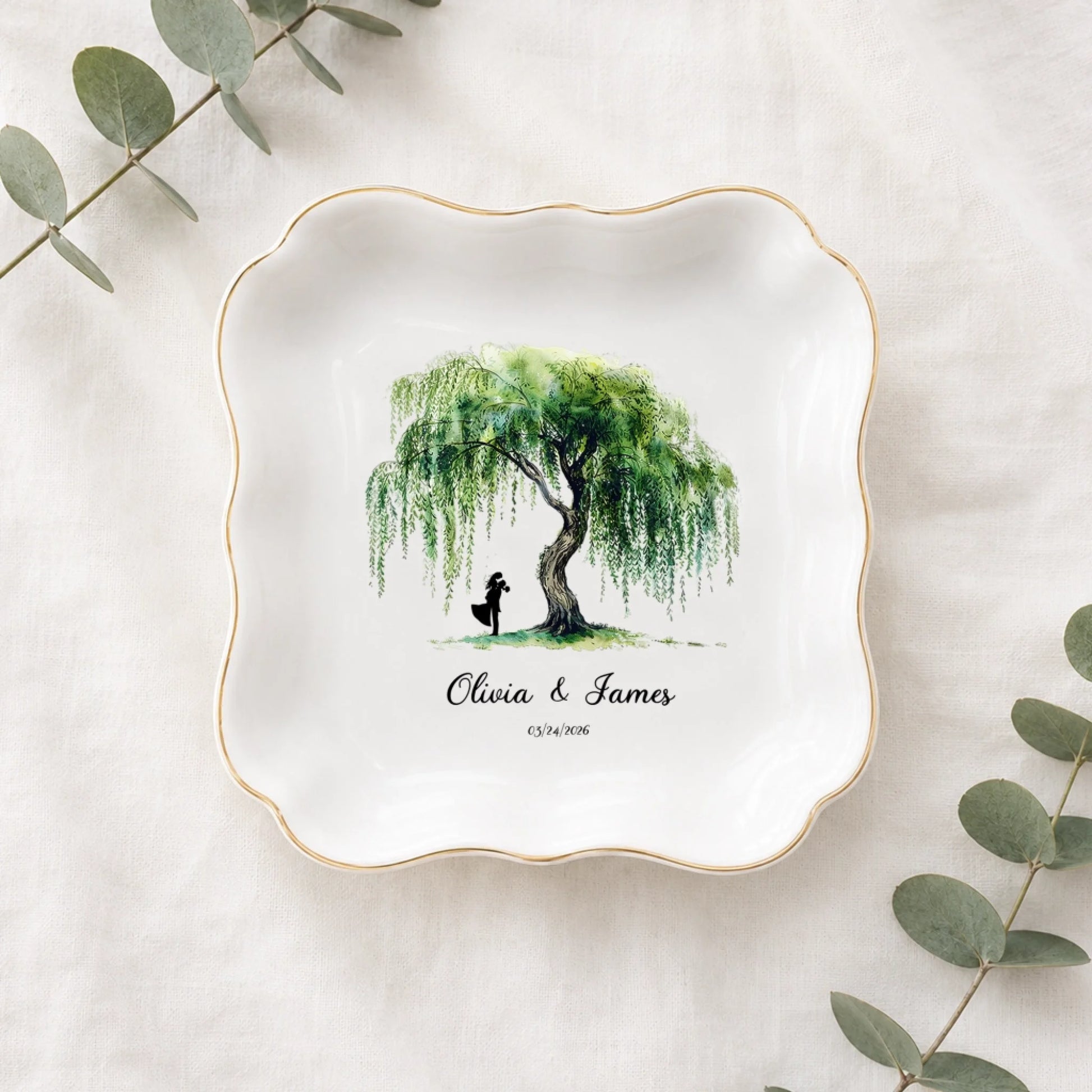 Personalized Couple Jewelry Tray with Willow Tree Names and Date