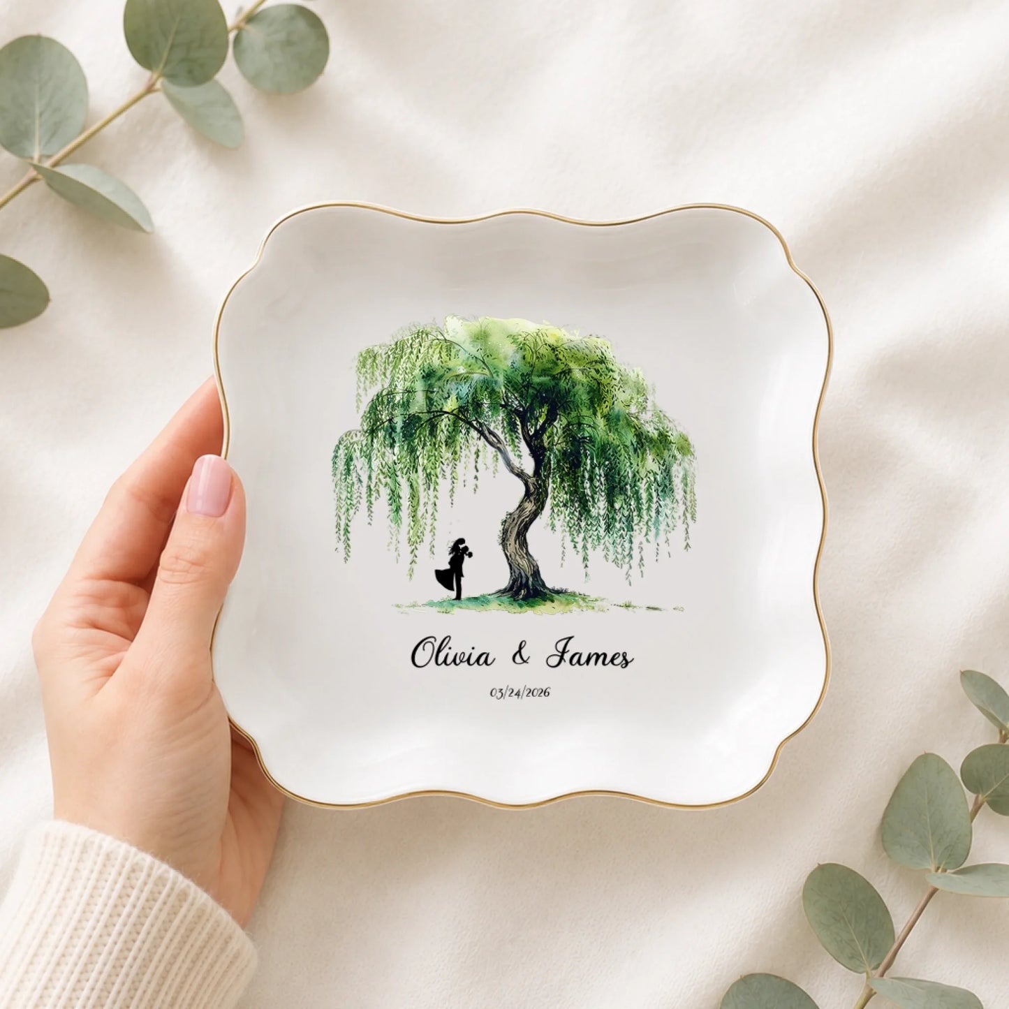 Custom Willow Tree Jewelry Tray with Couple Names and Special Date